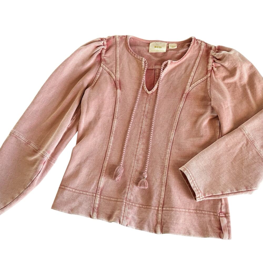 Anthropologie Maeve Jeanne Puff Sleeve Pink Sweatshirt Women’s XS Lace Up Neck